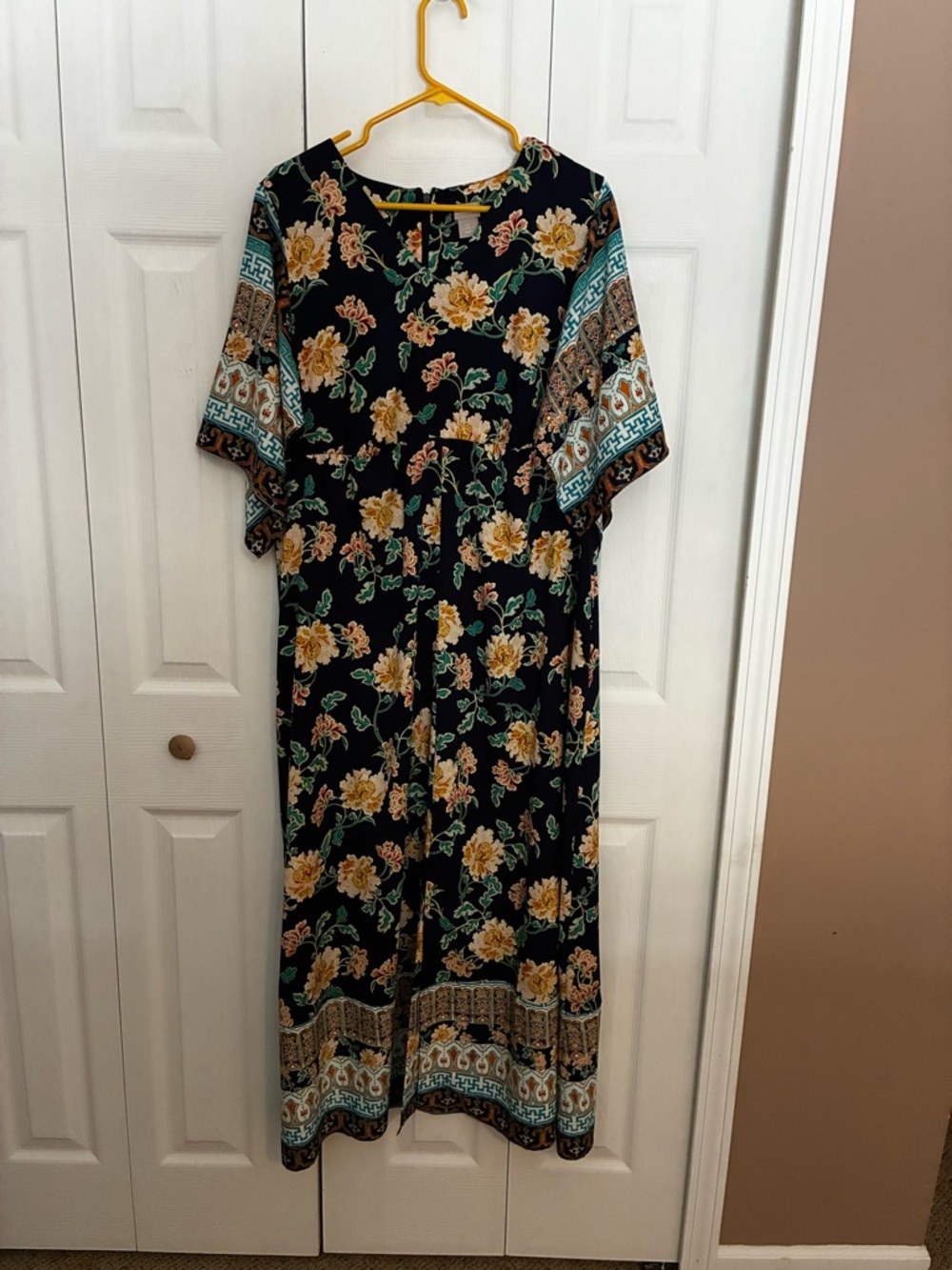 Chico's Black Maxi Dress with Yellow Floral & Teal Border